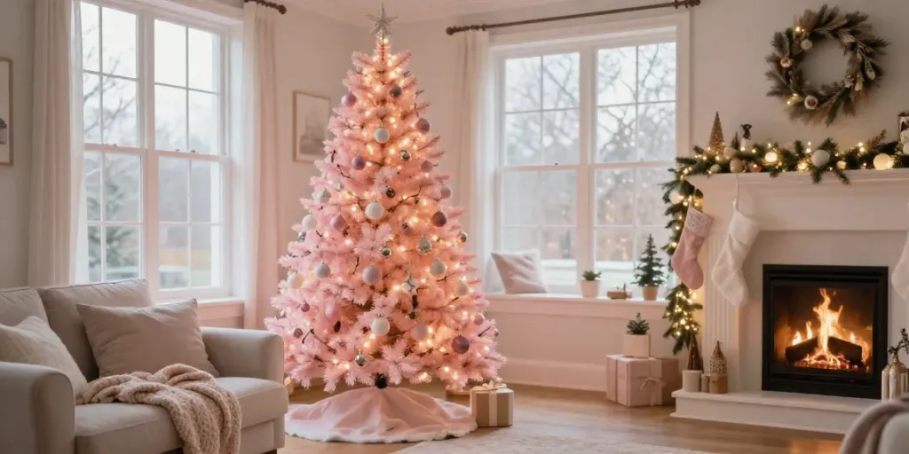 Beautiful light pink christmas tree decorated with fairy lights and pastel ornaments in a cozy living room.
