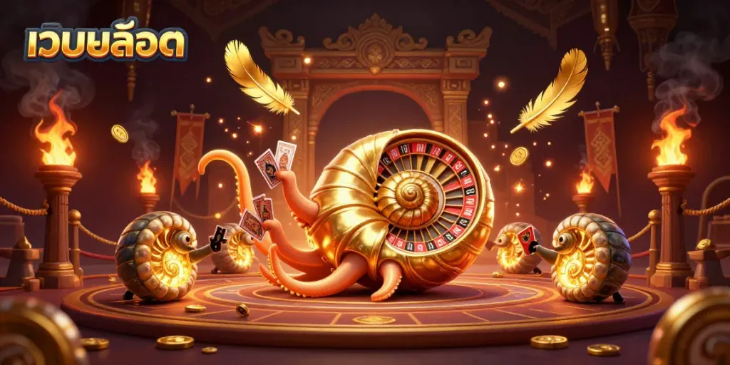 Engage with เว็บสล็อต through an exciting 3D illustration featuring vibrant casino elements.