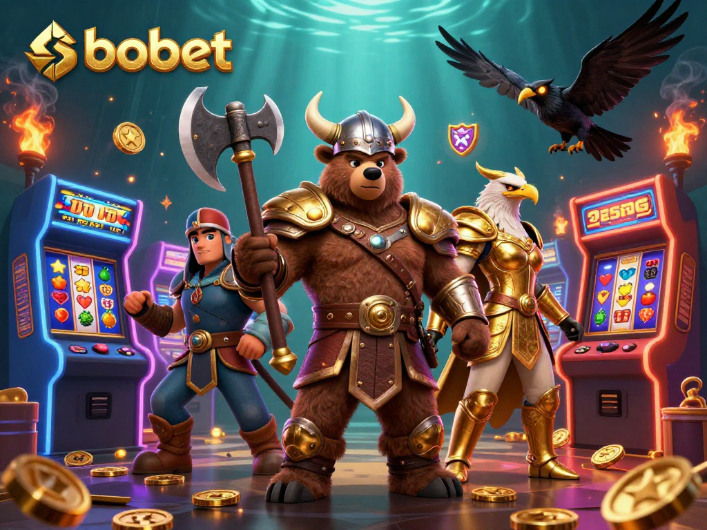 sbobet engages players with dynamic 3D Viking illustrations amidst vibrant casino elements.