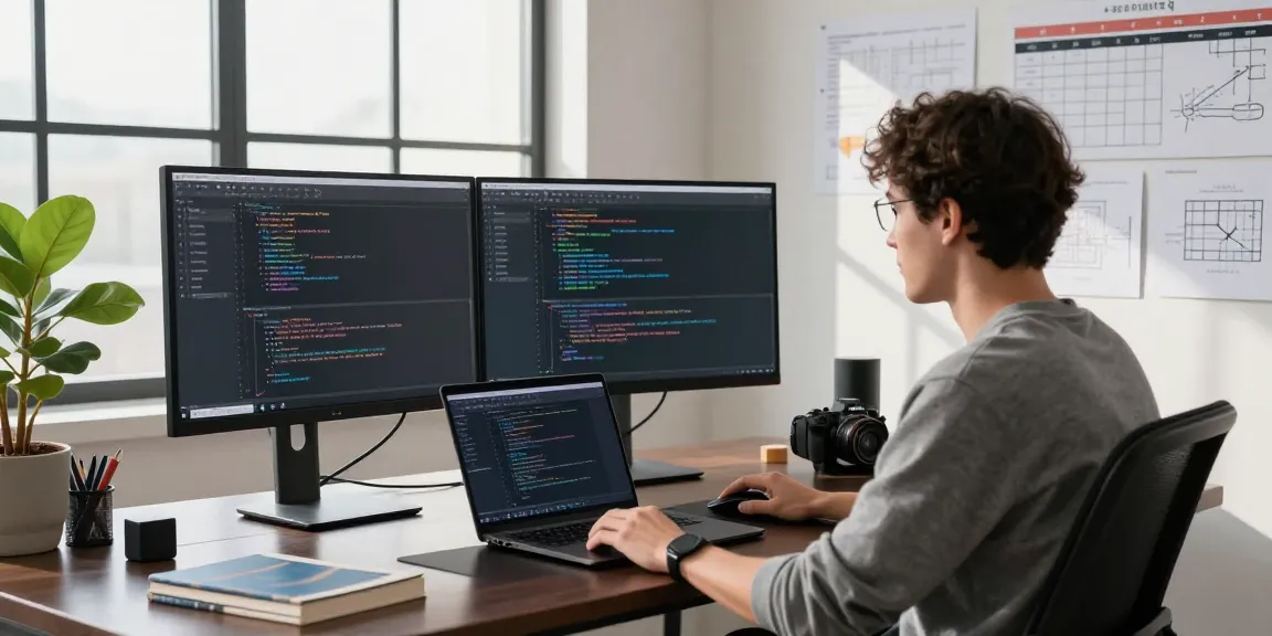 Dynamic workspace showcasing software development on telegramin-cn.com with coding screens, modern desk, and vibrant atmosphere.