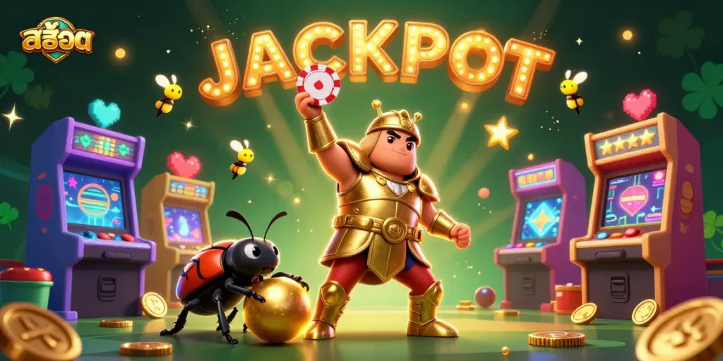 แสดงการเล่นเกมส์สล็อตด้วยสล็อตแมชชีนและการชนะโบนัส JACKPOT ในภาพประกอบสามมิติ