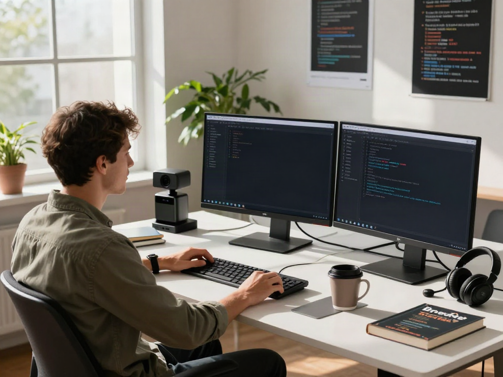 Person using brave浏览器 on multiple monitors in a modern tech workspace.