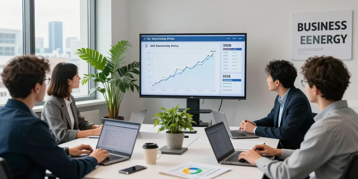 Energy analyst reviewing uk electricity price per kwh april 2026 trends with colleagues in an office setting.