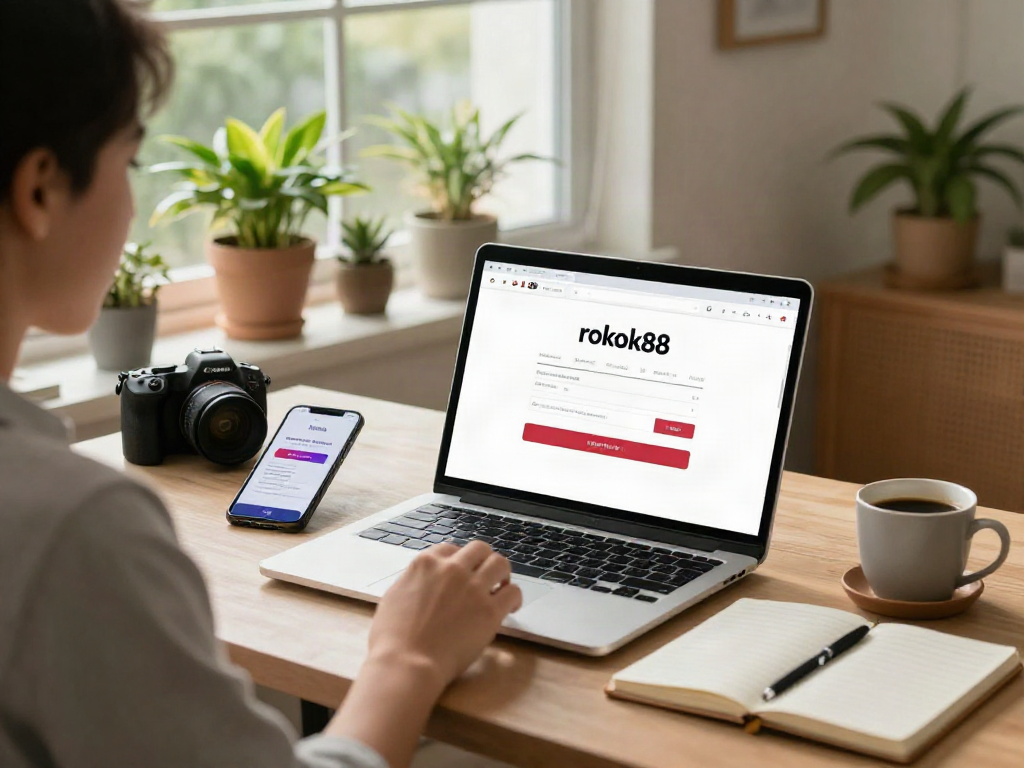 rokok88 login displayed on laptop in a cozy home office