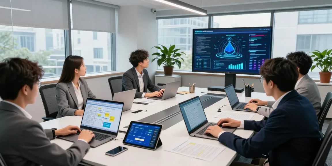 Document fraud detection teamwork in modern office analyzing advanced AI tools with laptops and visual dashboards.