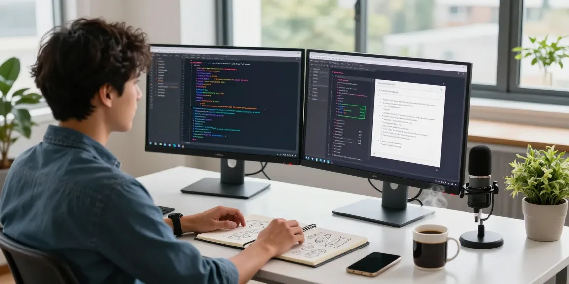 Efficient workspace showcasing snipaste下载 on dual monitors with vibrant coding and design.