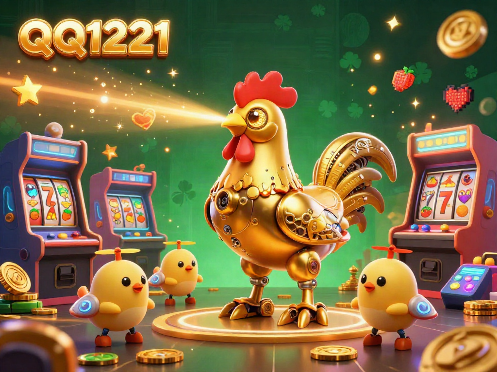 Engage with QQ1221: A lively scene showcasing a golden rooster robot and drones amidst vibrant casino elements.
