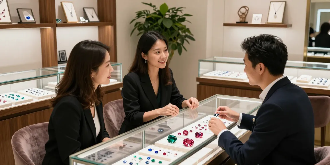 Shopping experience at https://www.mygemspot.com showcasing vibrant gemstones and customer interactions in an elegant jewelry store.