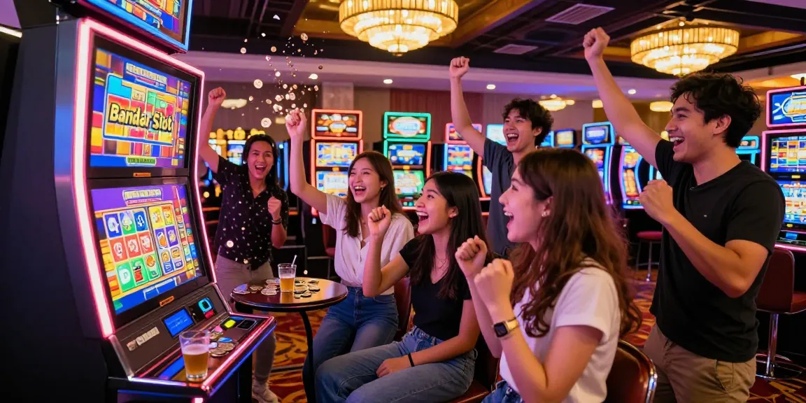 A group of friends celebrating around the "Bandar Slot" machine in a lively casino.