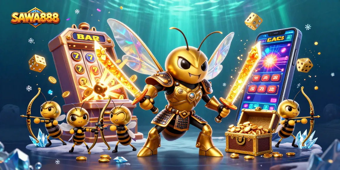 Engage with SAWA888's dynamic slot games as golden hornets celebrate jackpots and gaming excitement.