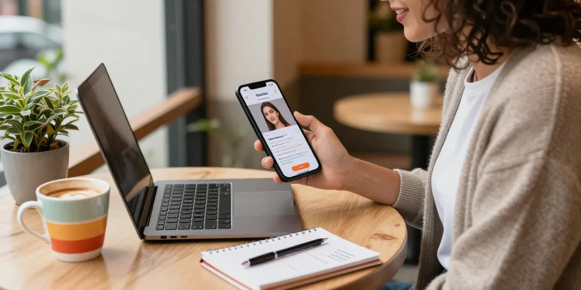 Engaging with an online attractiveness test in a cozy café setting.