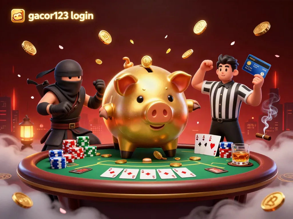 Engage with the rich visuals of gacor123 login featuring a golden piggy bank sumo wrestler and poker table dynamics.