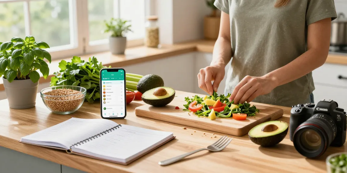 Cooking a healthy meal while using the best food tracking apps for nutrition logging in a bright kitchen.