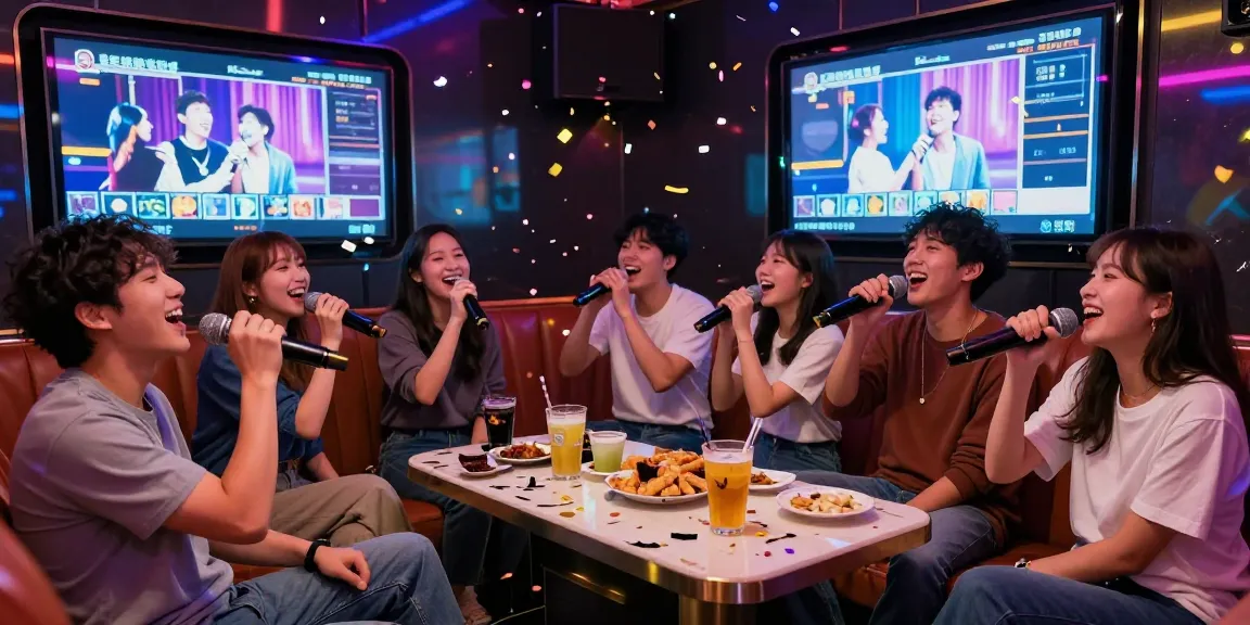 Friends enjoying an energetic night at 강남노래방, singing together amid vibrant lights and festive atmosphere.