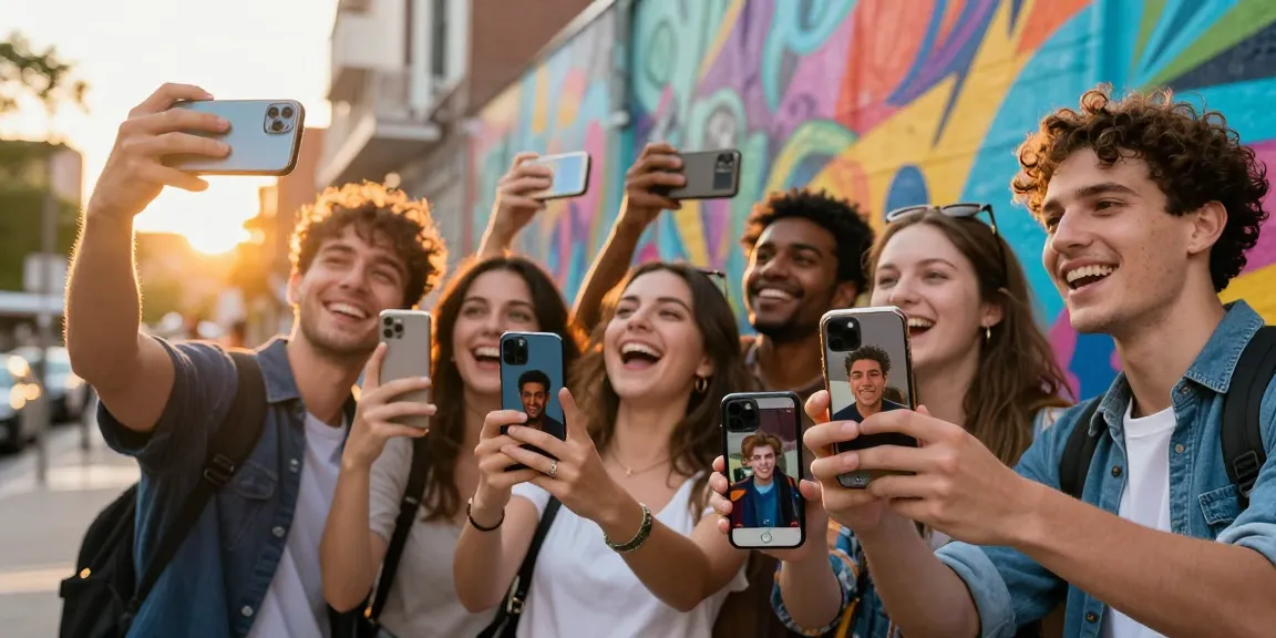 People discovering celebrities look alike through selfies in vibrant urban setting.