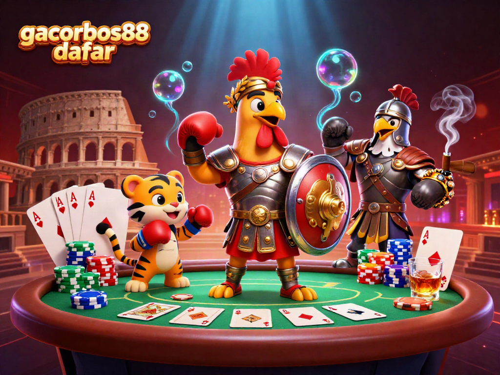 Join gacorbos88 daftar at an exciting poker arena with a gladiator rooster and vibrant game elements.