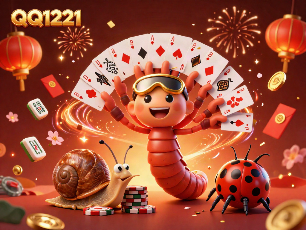 Engage in thrilling gameplay with QQ1221, featuring a cartoon dealer and festive casino elements.