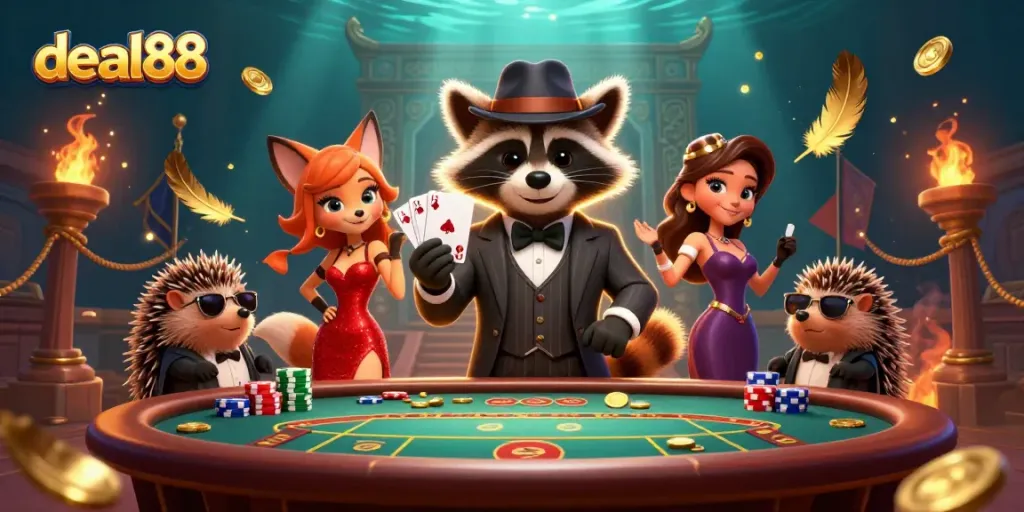 Experience the thrill of gaming at deal88 with a raccoon, fox, and hedgehog in a vibrant casino scene.