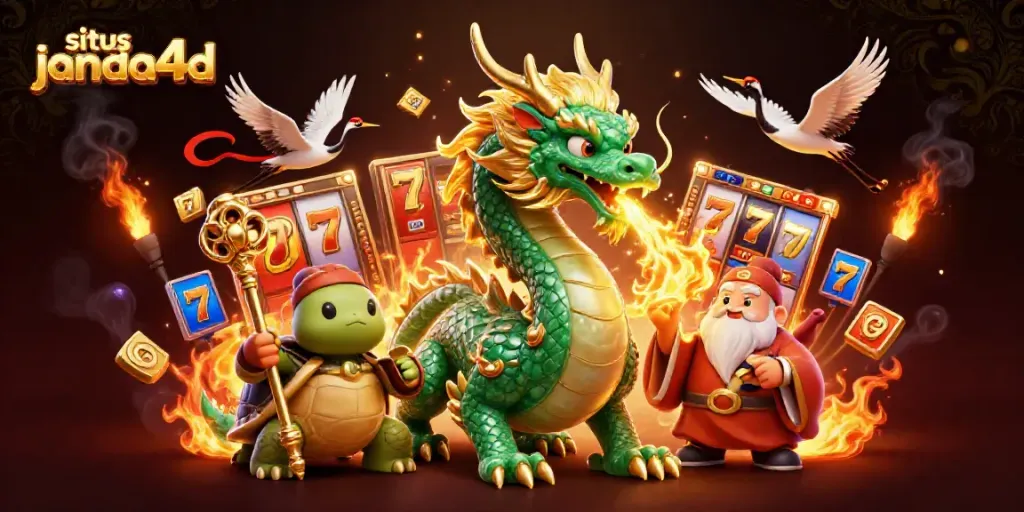 Permainan menarik di situs janda4d dengan naga hijau dan crane beruntung di sekitar mesin slot.