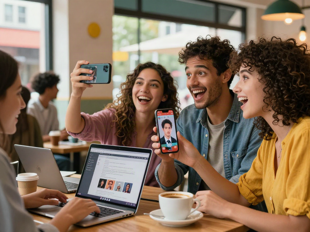 Café scene where friends explore their celebrity look alike matches using a fun app on smartphones.