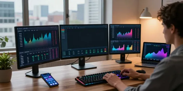Real-time cryptocurrency market data display with 数字货币行情接口 setup in a professional trading environment, showcasing Bitcoin and Ethereum price charts.