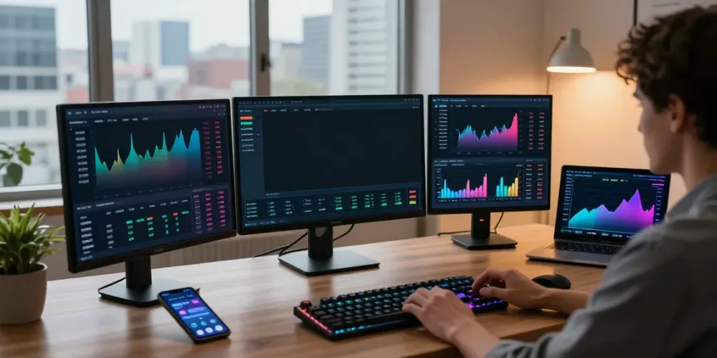 Real-time cryptocurrency market data display with 数字货币行情接口 setup in a professional trading environment, showcasing Bitcoin and Ethereum price charts.