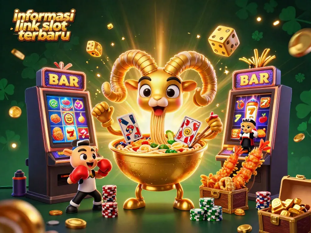 Ilustrasi 3D informasi link slot terbaru, menampilkan karakter ramen emas dan mesin slot yang gemerlap.