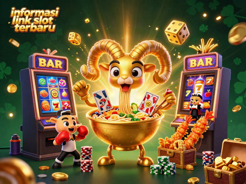 Ilustrasi 3D informasi link slot terbaru, menampilkan karakter ramen emas dan mesin slot yang gemerlap.