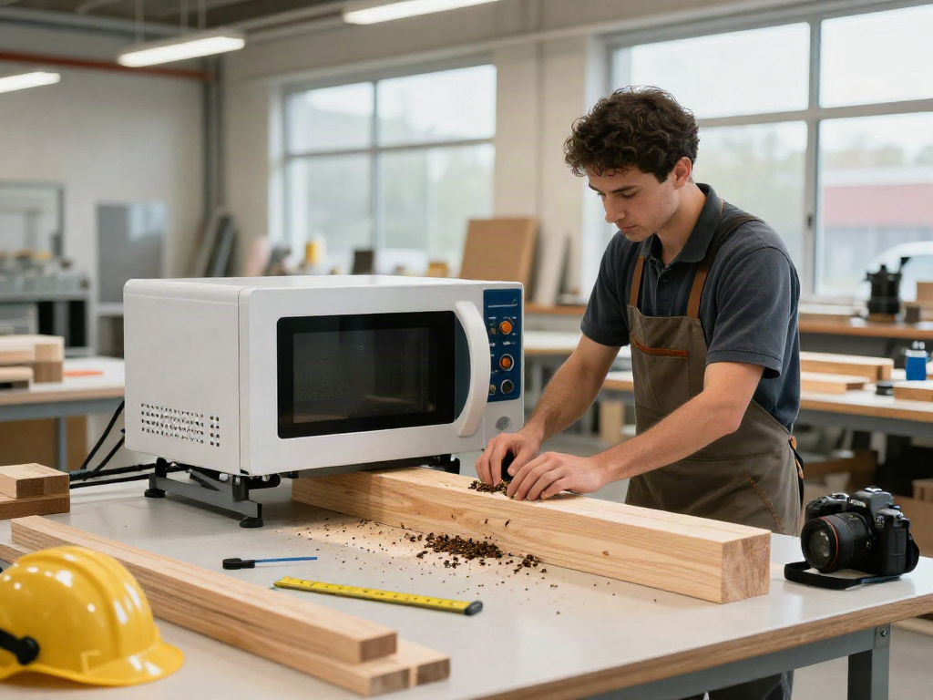 SHASHEL® microwave equipment eliminating wood-boring insects in modern workshop.