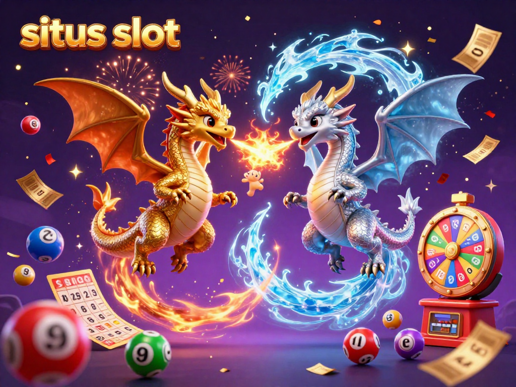 Situs slot scene featuring gold and silver dragons battling with fire and ice, surrounded by colorful lottery elements.