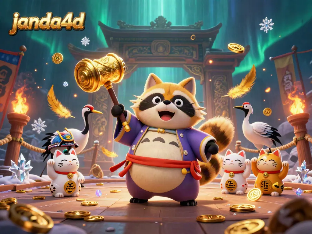 Janda4D menghadirkan suasana kasino dengan karakter tanuki beruntung, kucing maneki-neko, dan elemen perjudian tertentu.