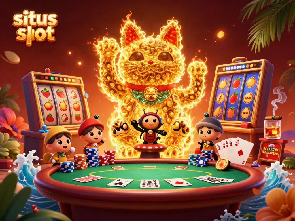 Engage with the exciting world of situs slot featuring a lucky cat formed by golden fireflies amidst vibrant casino elements.