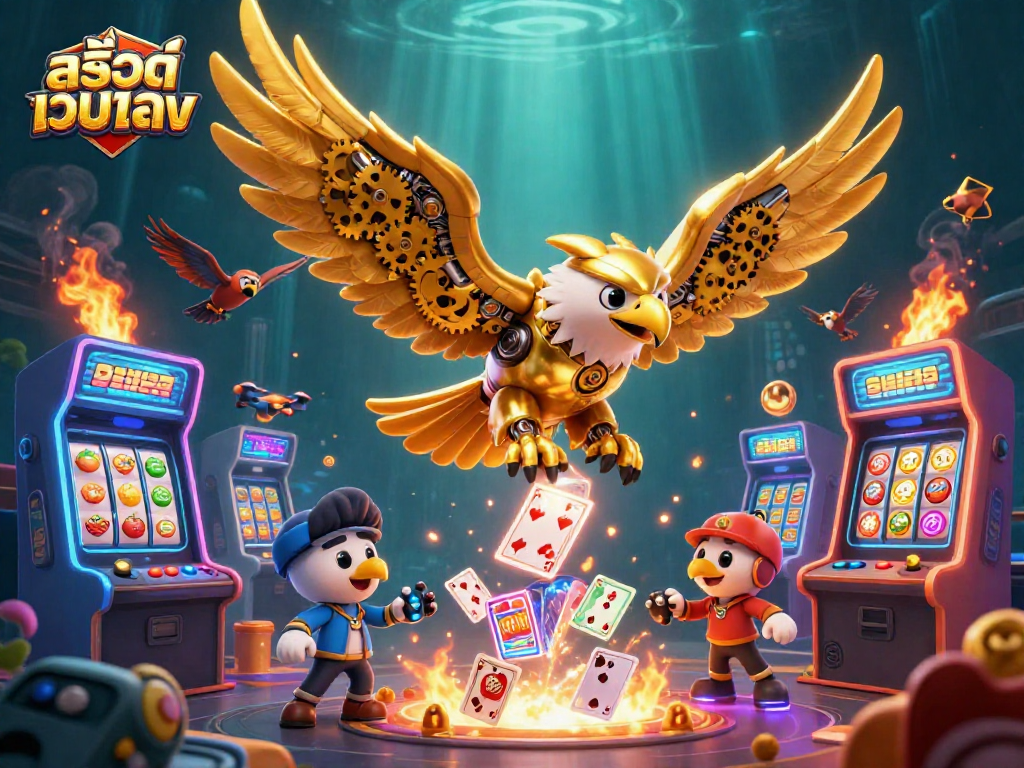 Engage with สล็อตเว็บตรง while gambling among 3D colorful game elements and a golden cybernetic eagle.