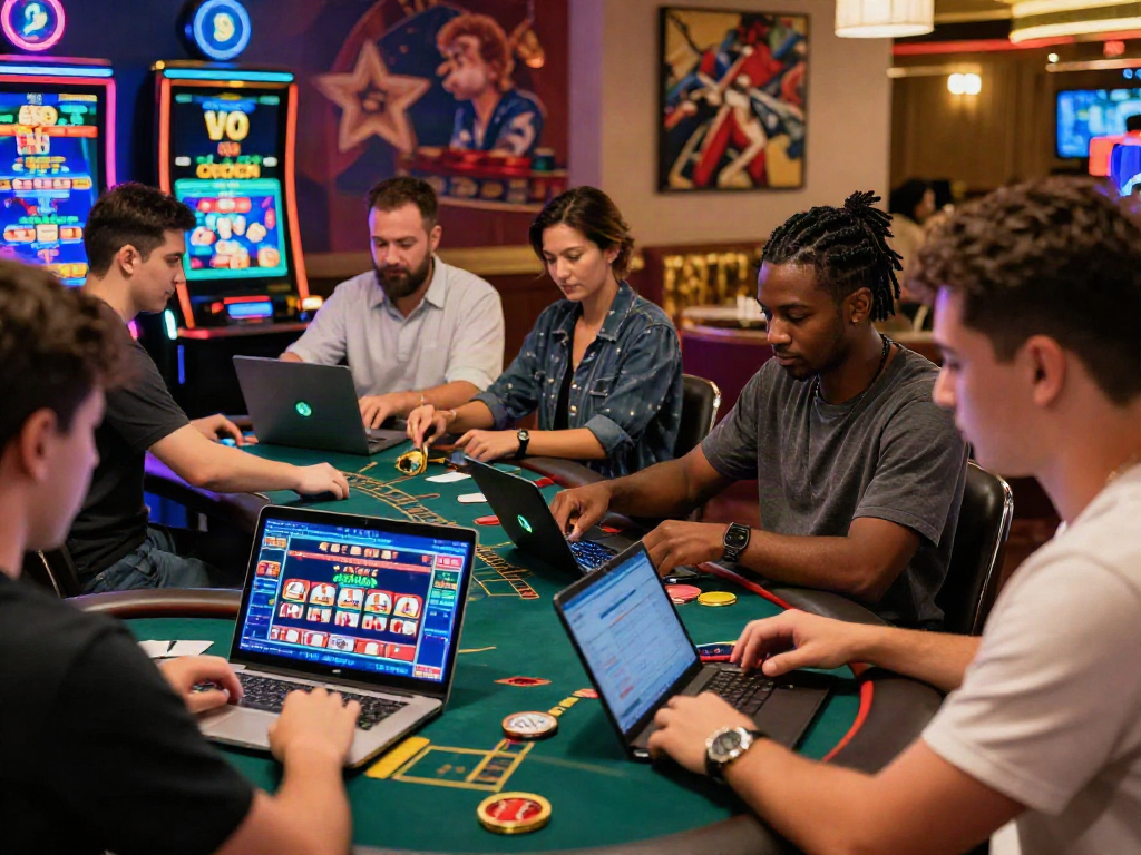 Casino online players engaging in vibrant real-time gaming excitement with neon lights.