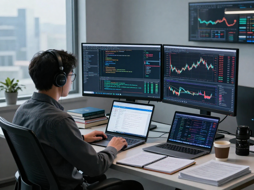 Data engineer working on futures WebSocket streaming API at modern workspace with trading data.