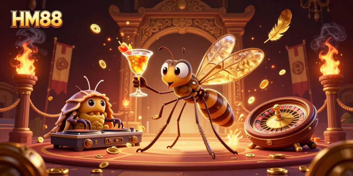 Experience the excitement at HM88, where a frozen-in-amber mosquito meets a trilobite DJ at a vibrant casino scene.