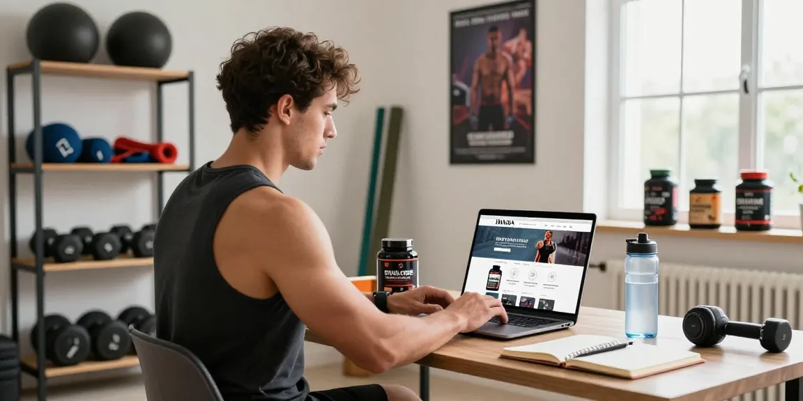 Focused fitness enthusiast exploring Driada Shop's anabolic steroids and supplements online in a well-lit home gym environment.