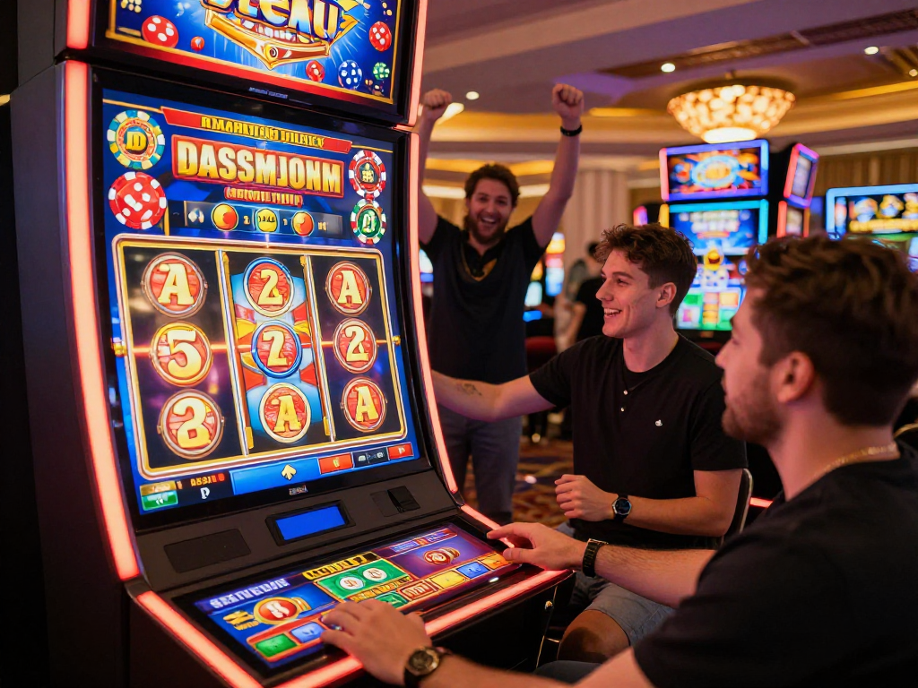 Engaging moment of a player enjoying bandar slot gacor games, with colorful slot machine and lively casino atmosphere.