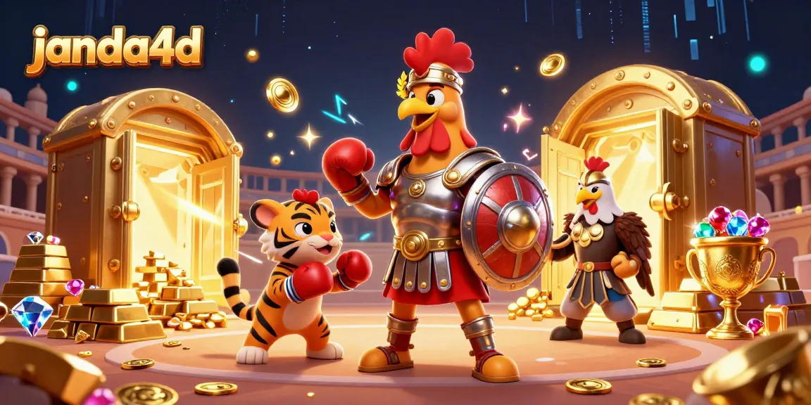 Janda4d menghadirkan ilustrasi 3D gladiator dari ayam jantan, siap bertarung di arena kasino.