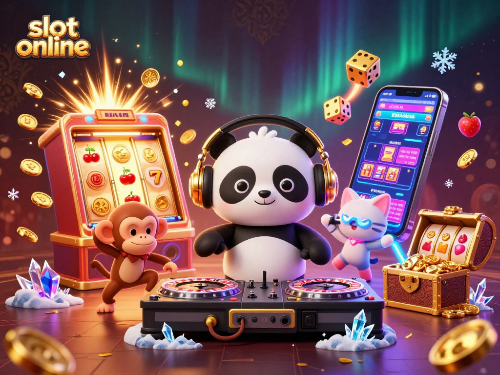 Engage with the excitement of slot online games in a vibrant 3D illustration featuring a DJ panda and friends.