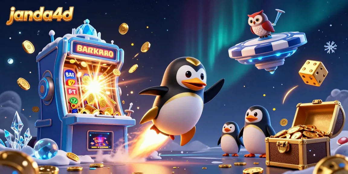 Janda4d, penguin emas melakukan perjalanan ke stasiun kasino dengan simbol slot dan koin bersinar.