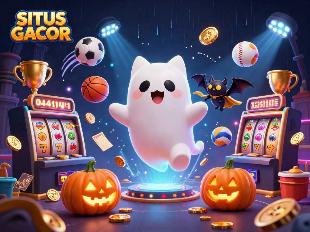 SITUS GACOR showcases exciting gameplay with a ghost cat and vibrant casino elements in an immersive scene.