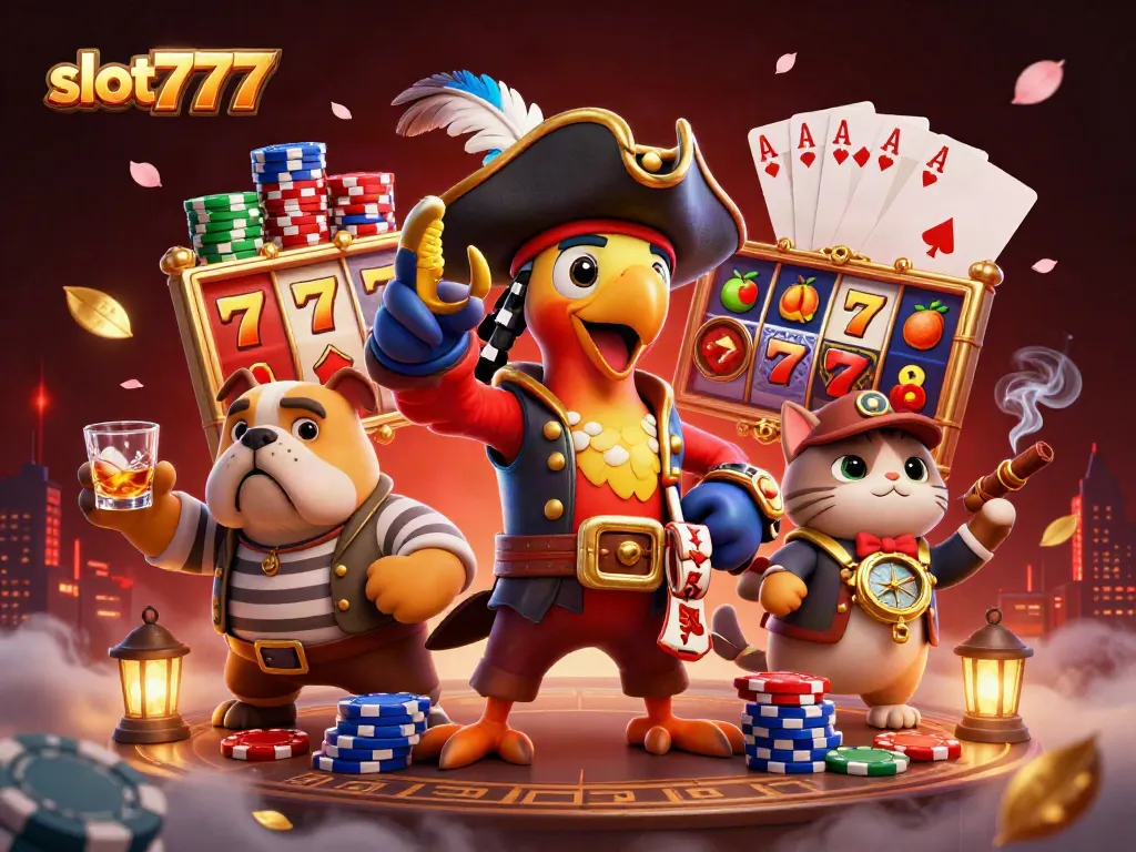 Menangkan jackpot slot777 dengan simbol keberuntungan dan suasana ceria kasino.