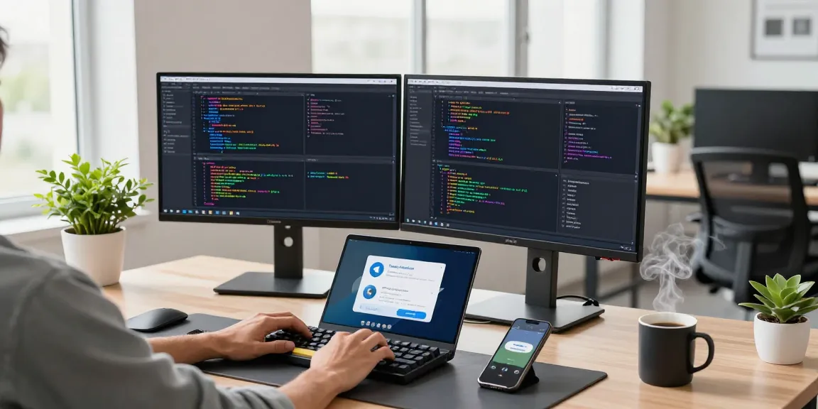 Engaged developer creating the 纸飞机中文版 app in a modern workspace with dual monitors.