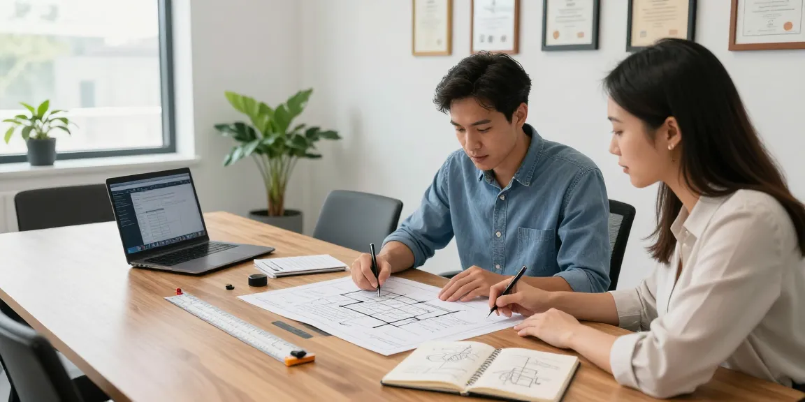 Engineering expert witness Missouri, Professional Engineer Seth Kitchen consulting with a client, reviewing architectural plans in a well-lit office.