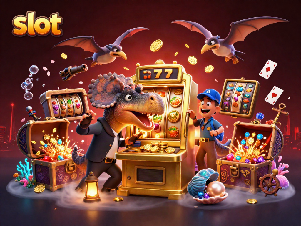 Slot machine jackpot triggered by a dinosaur with flying coins embraced by a vibrant casino-themed underwater scene.