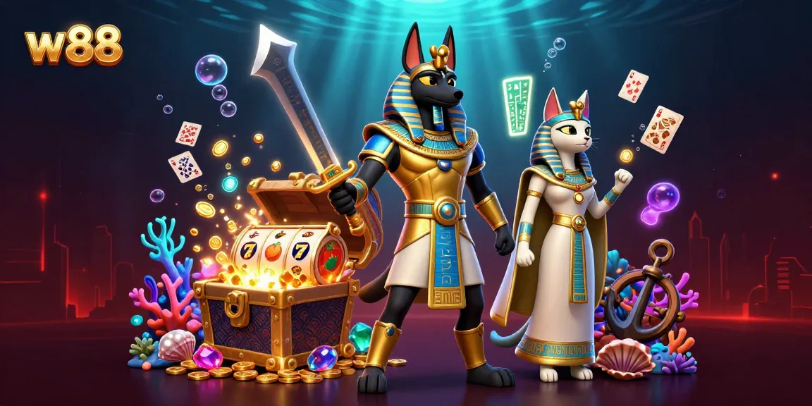 Bạn sẽ cảm nhận sự hấp dẫn khi tham gia cá cược tại w88 qua hình ảnh Anubis và Bastet giữa thế giới lấp lánh.