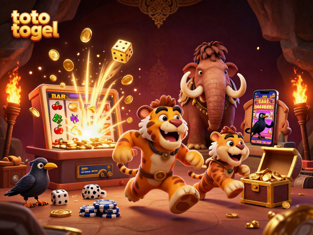 Experience thrilling action at the toto togel prehistoric casino with cavemen and vibrant slot wins.