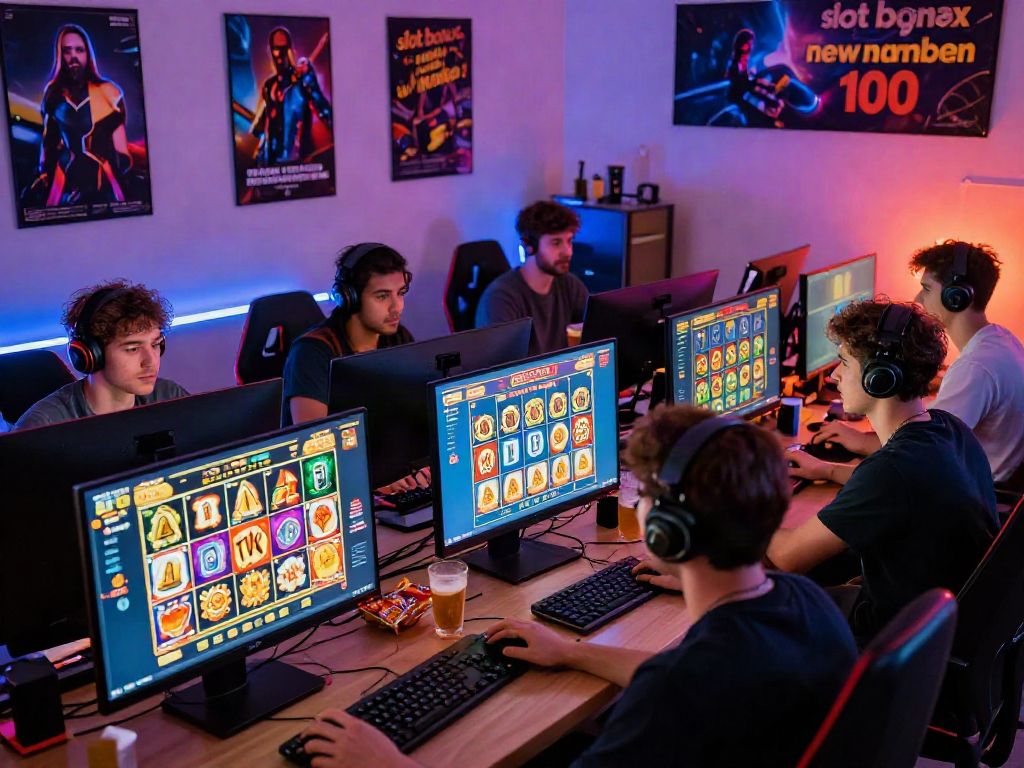 Exciting gaming scene with players enjoying slot bonus new member 100 in a fun online environment.