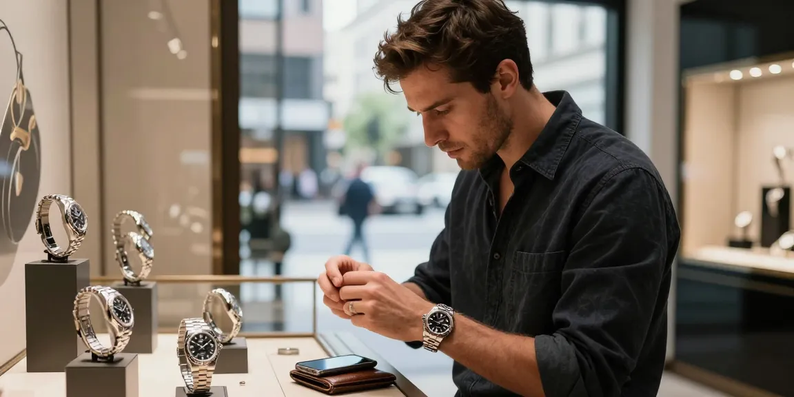 Discover rolex super clone watches in a stylish boutique setting with elegant displays and confident shopper.